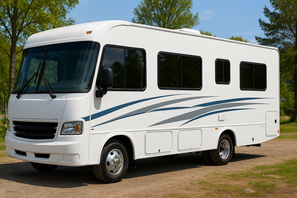 white or multi-colored RV with 70% window tint installed on it